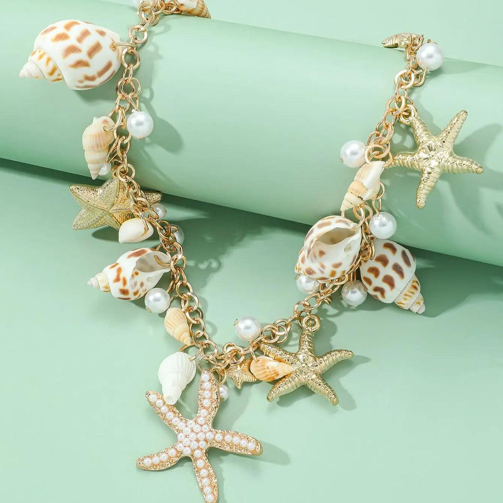 1 Vacation Style Ocean Series Shell Starfish   ImitationPearl Necklace Women's Vacation Leisure Party Exaggerated Shell Necklac