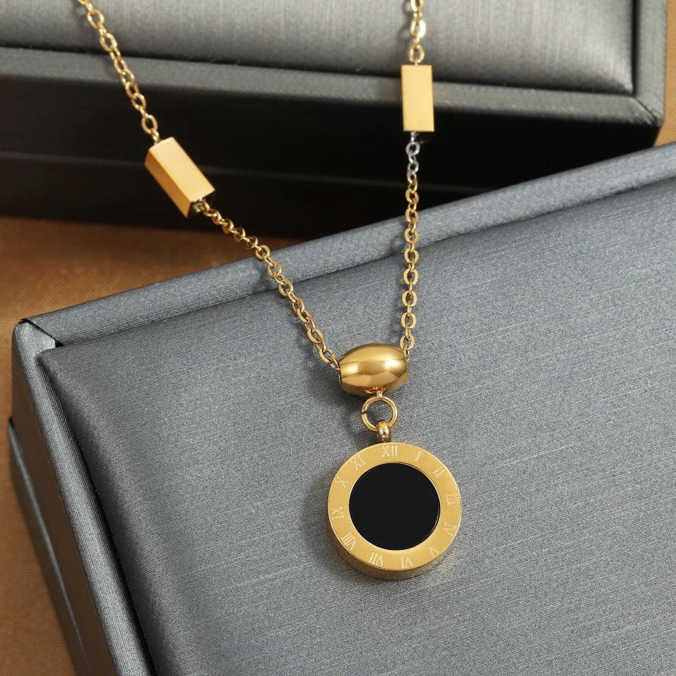 ZAKOL Roman Numerals Disc Dial Plate Pendant Necklaces For Women Men Unisex Gold Color Metal Choker Clavicle Chain Jewelry Gifts