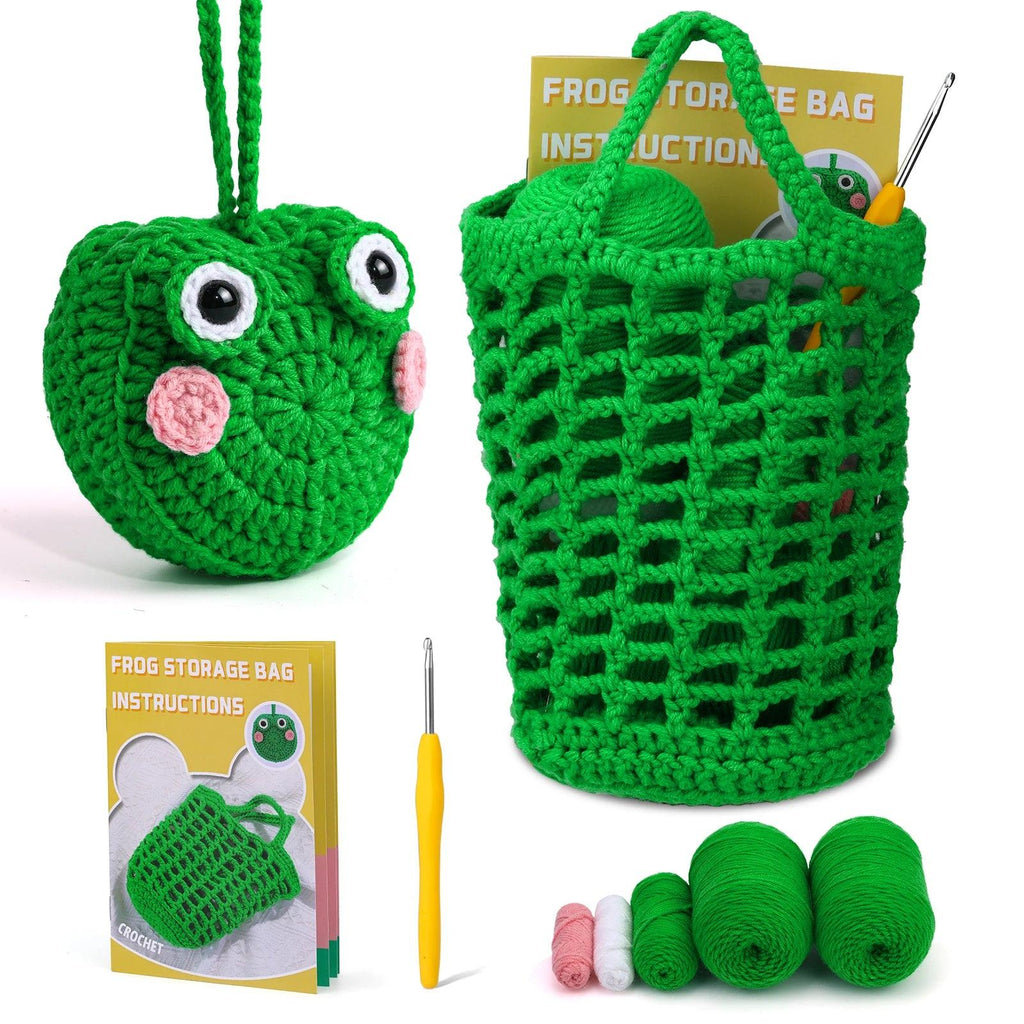 Frog Crochet Starter Kit with Step-by-Step Video Tutorials,Crochet Kit for Beginners, Folding Storage Bagfor DIY Crafts