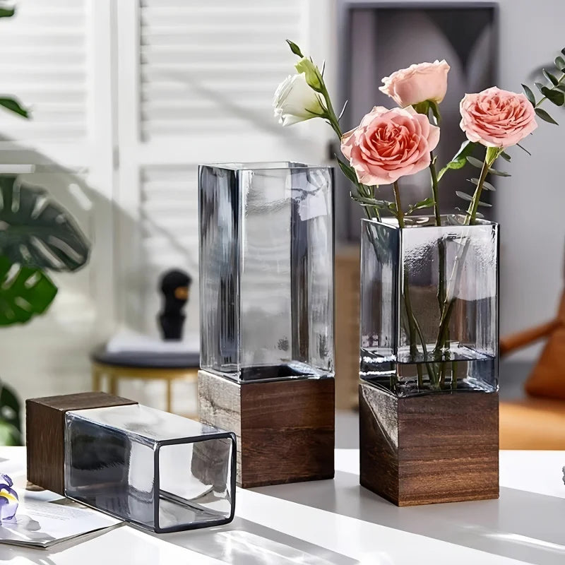 [Black Transparent Nordic Vase] 1pc Nordic Style Wooden Base Black Transparent Square Vase, 4 Sizes Available, Durable Acrylic