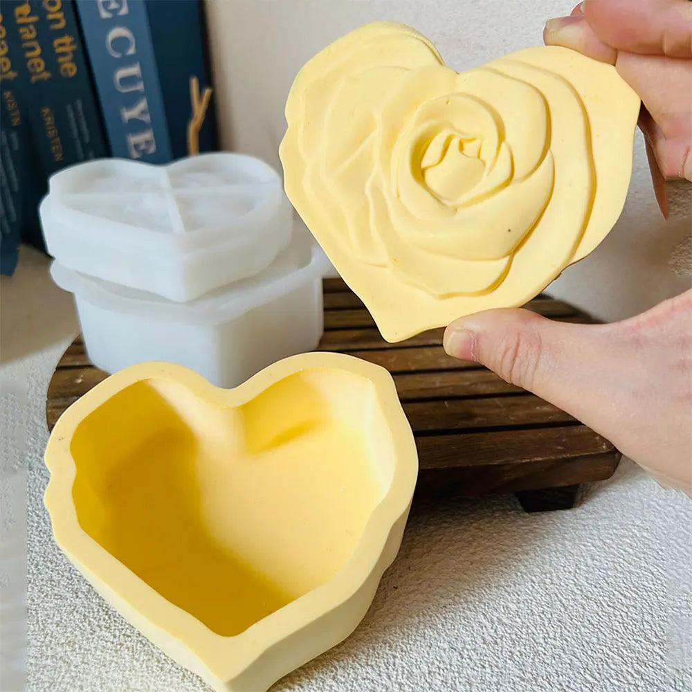 1Set Heart-shaped Rose Storage Jar Silicone Mold Bowknot Trinkets Storage Box Plaster Mold Cement Candlestick Candle Vessel Mold