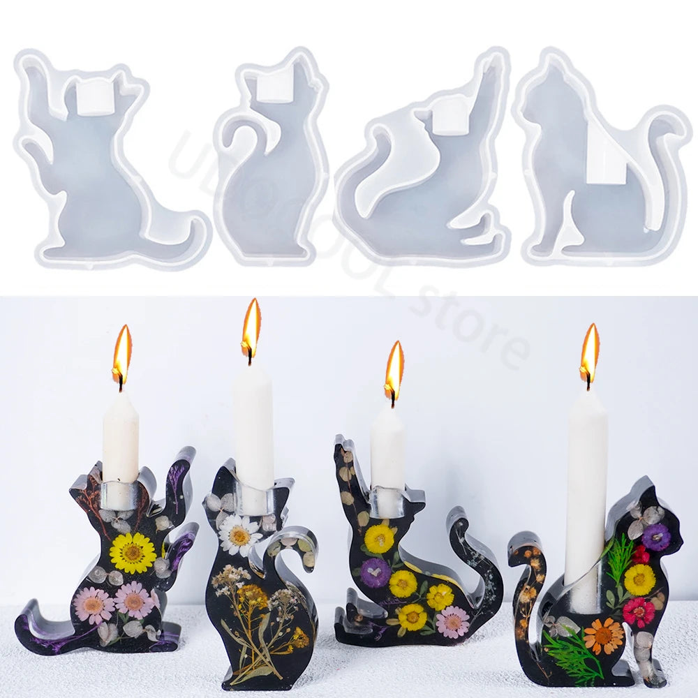 3D Cat Candlestick Resin Molds DIY Crystal Epoxy Resin Animal Candle Holder Silicone Mould Plaster Crafts Molds Home Decoration