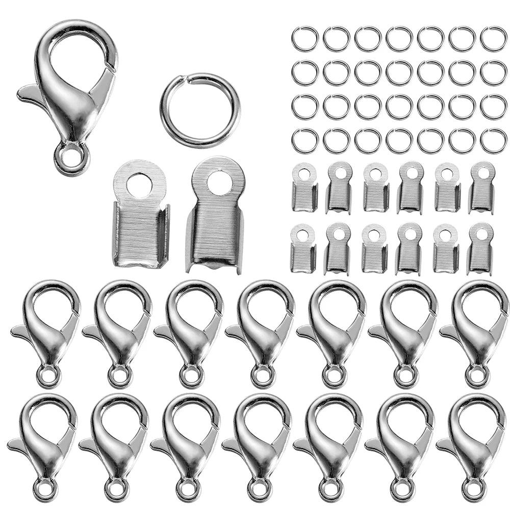 80Pcs Alloy Lobster Clasp Jump Rings Leather Clip Tip Fold Crimp Connectors For Bracelet Necklace DIY Jewelry Making Supplies