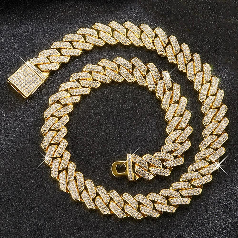 Hip Hop Shiny 14MM Cuban Link Chain Necklace Women Men Silver Color Rhinestone Iced Out Cuban Chain Punk Jewelry Necklace Gift