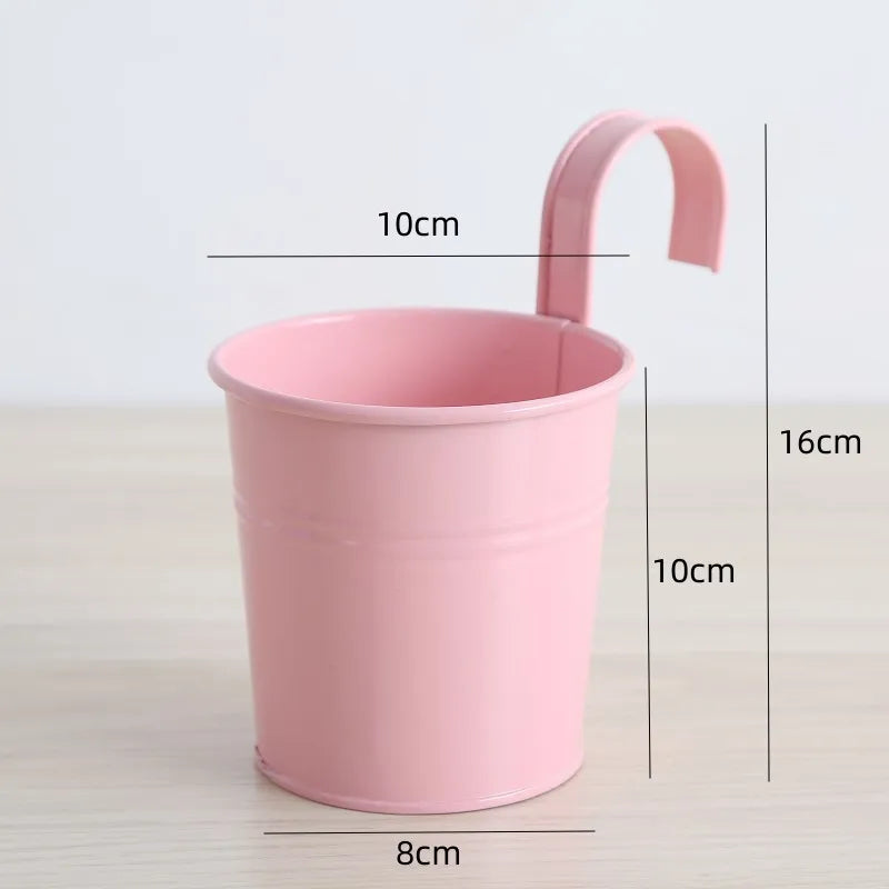 Small wrought iron hanging flower pot, detachable hook, hanging bucket, succulent green plants, balcony, candy rose color