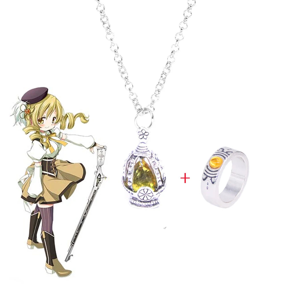 Anime Puella Magi Madoka Magica Necklace Kaname Madoka Miki Sayaka Tomoe Mami Soul Gem Pendant Necklaces Ring Set Jewelry Gift