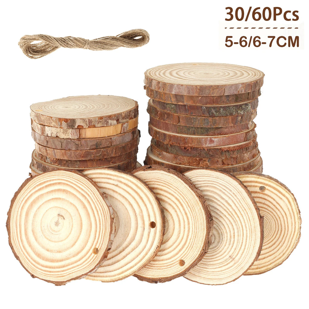 30/60Pcs Natural Unfinished Wood Slices Round Wooden Circles for Arts Painting DIY Crafts Wedding Decorations Christmas Ornament