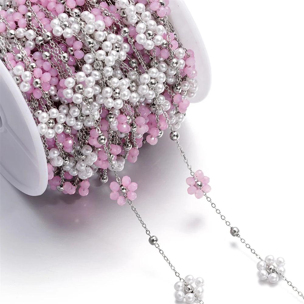 1Meter Stainless Steel Pink Crystal Flower Natural Stone Beads Gold/Steel Color Chains for Necklace Bracelet DIY Jewelry Making