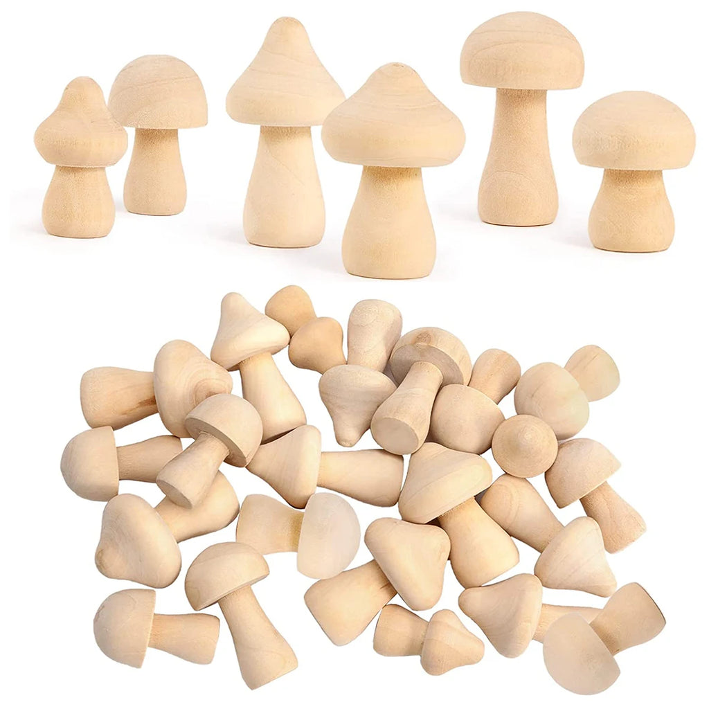 30 Pcs Unfinished Wooden Mushroom Set Unpainted Wood Mushroom for Children's DIY Arts Graffiti Crafts Projects Decoration