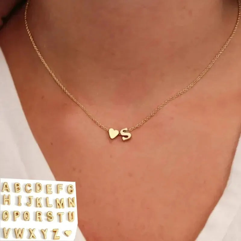 26 Letters Fashion Tiny Heart Dainty Initial Necklace Gold Silver Color Letter Name Choker For Women Pendant Jewelry Gift