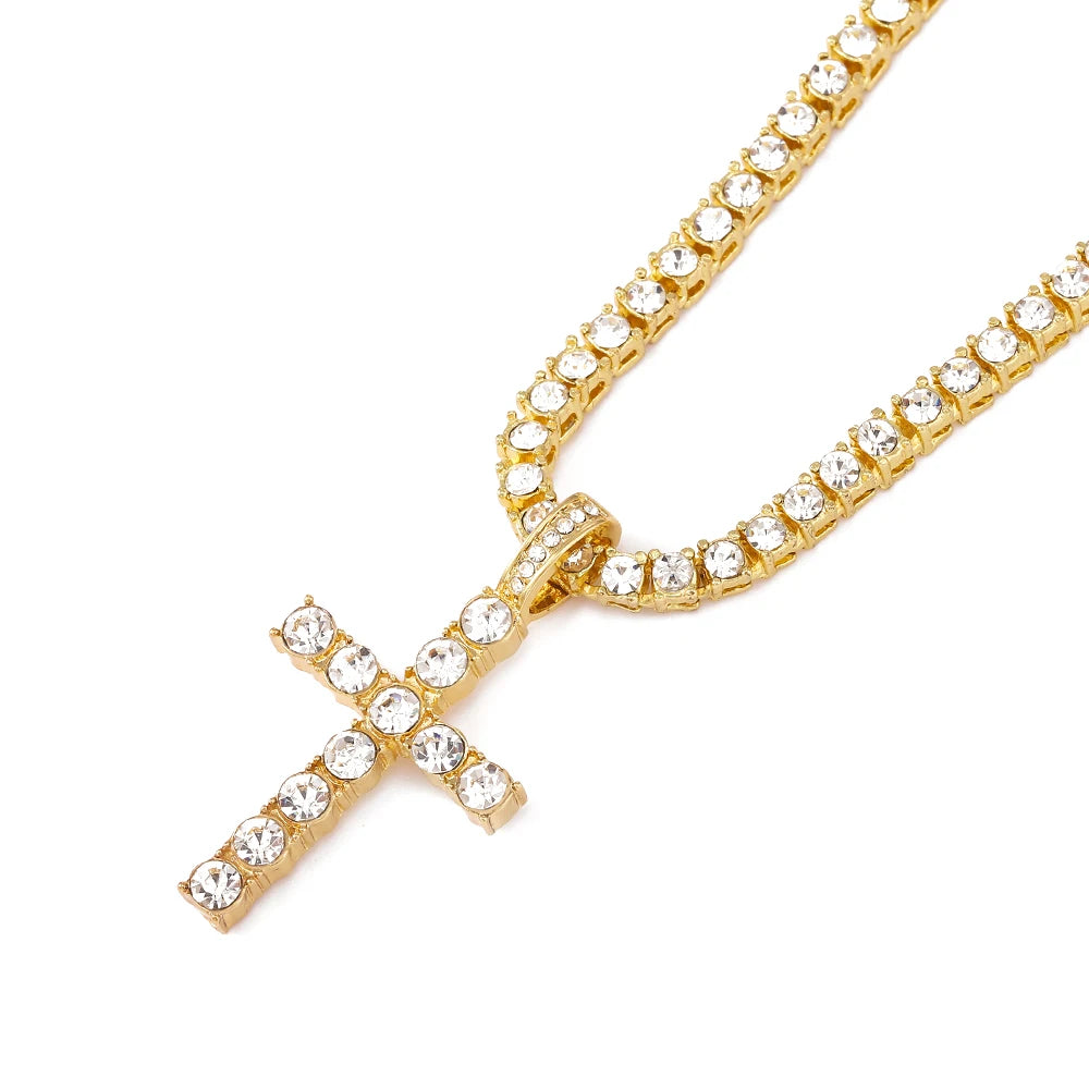 Iced Out Cross Pendant Necklace With 4mm Tennis Chain Religious Charm Full Rhinestone Bling Hip Hop Jewelry for Men and Women