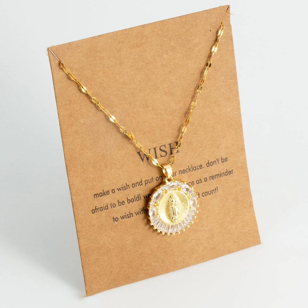 Oval round plaque inlaid with zircon religious pendant for women's party stainless steel Virgin Mary jewelry gift necklace