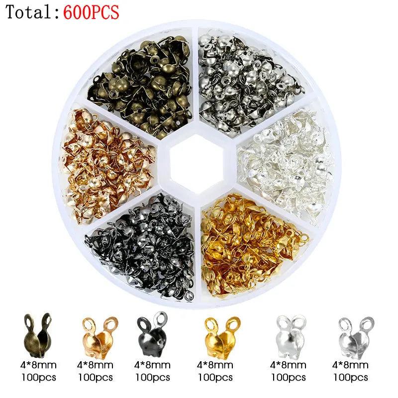 600pcs/Box 6 Styles Brass Tube Crimp Beads Tips Knot Covers Wire Guardians Protectors End Bead for DIY Jewelry Making Supplies