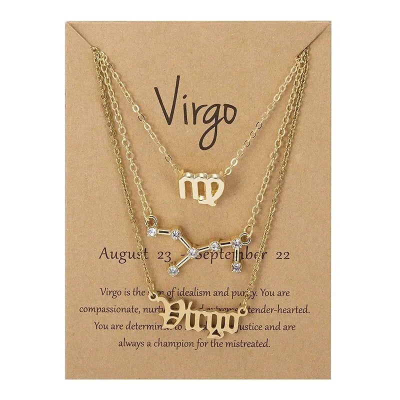3Pcs 12 Zodiac Sign Necklace Set For Women Constellation Pendant Gold Silver Color Chain Female Birthday Jewelry With Cardboard