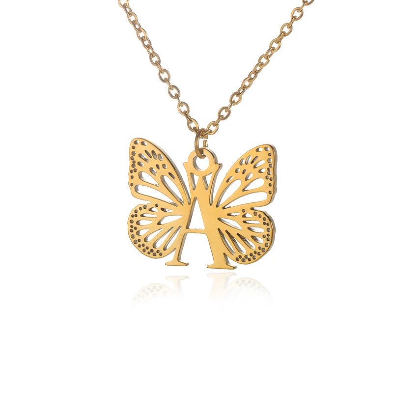 A-Z Initial Letter Collar Butterfly Necklace For Women Butterfly Jewelry Stainless Steel Alphabet Choker Necklace Female Gift