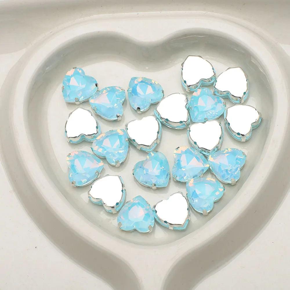 10Pcs 14mm Crystal Glass Love Heart Beads Glitter Flatback Silver Claw Rhinestone Crafts Jewelry DIY Making Garment Accessories