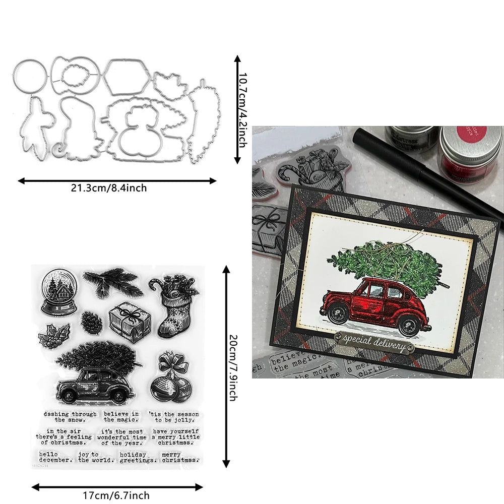 Ghost Snowman Car Ornament Metal Cutting Dies Wishes Words Block Clear Stamps for DIY Halloween Christmas Paper Craft