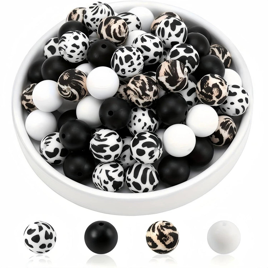 26/50 Pieces 15mm Leopard Print Cow Black and White Silicone Round Bulk Beads Jewelry Making DIY Necklace Bracelet Key Bag Chain Handmade Craft Supplies
