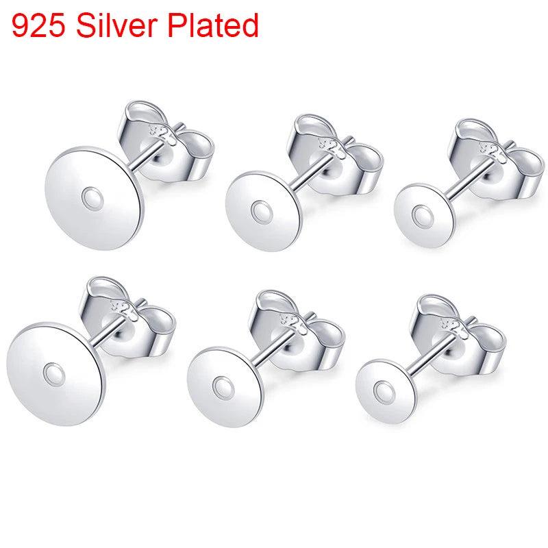 20pcs 925 Sterling Silver Plated Earring Hooks Post Stud Base With Earring Backs 4 5 6 8mm Cabochon Settings For Jewelry Making