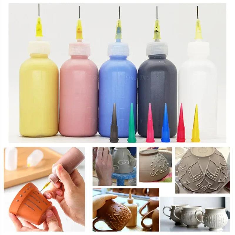 50cc Pottery Mud Painting Bottle Squeeze Mud Bottle Multi-needle DIY Texture Ceramic Coloring Glaze Painted Clay Sculpture Tool