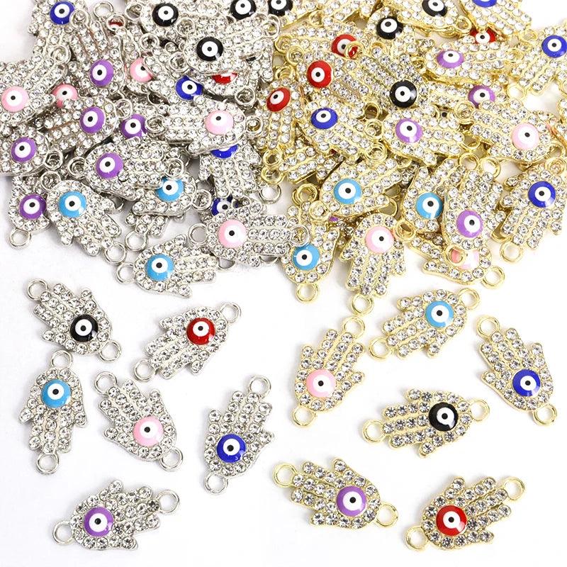 10pcs Rhinestones lnlaid Hamsa Hand Evil Eye Design Enamel Connectors Turkish Style Double Hanging Pendant For DIY Lucky Jewelry