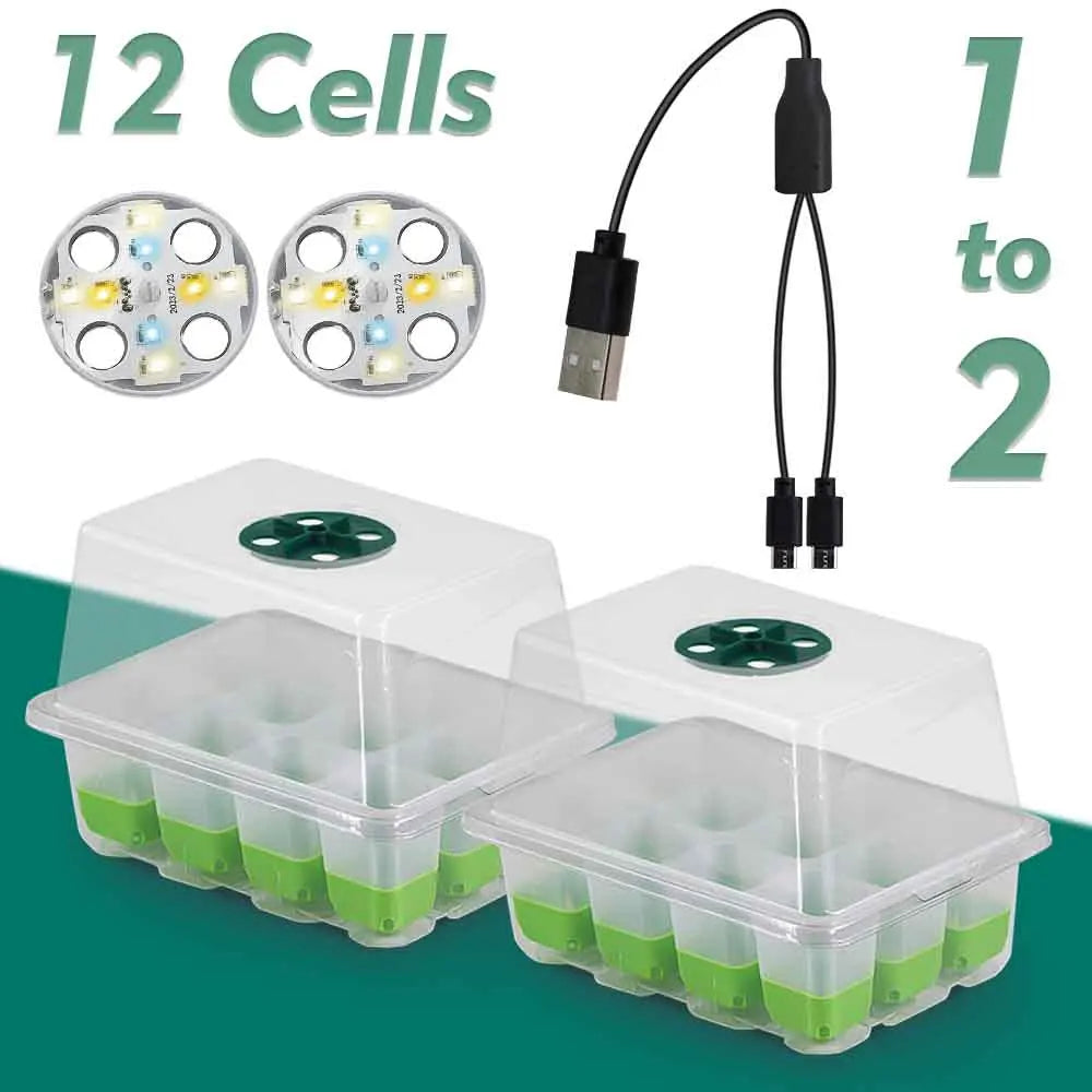 12 Cells LED Grow Light Seedling Starter Tray Kits with Transparent Cover Indoor Garden Flower Pot Plant Nursery Germination Box