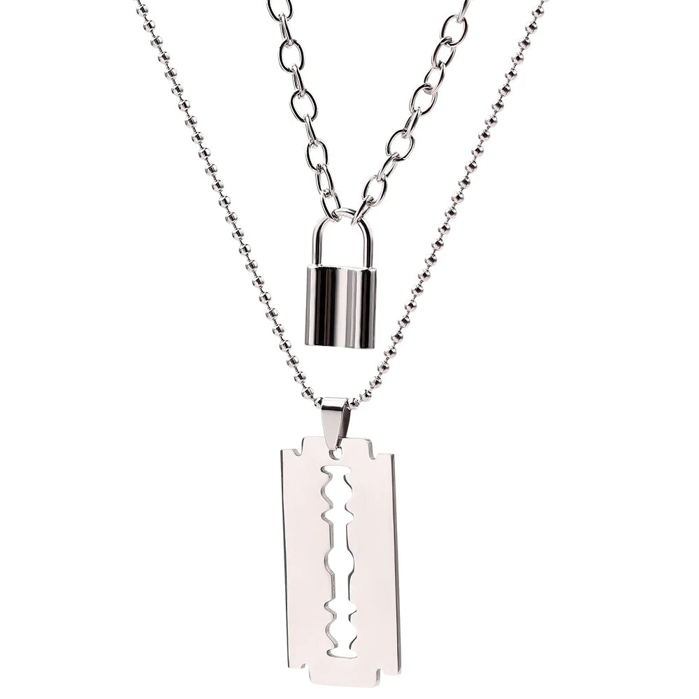 Hot Fashion Padlock Lock Chain Necklaces Razor Blade Shaped Punk Choker Pendant Women Men Fashion Jewelry Gifts