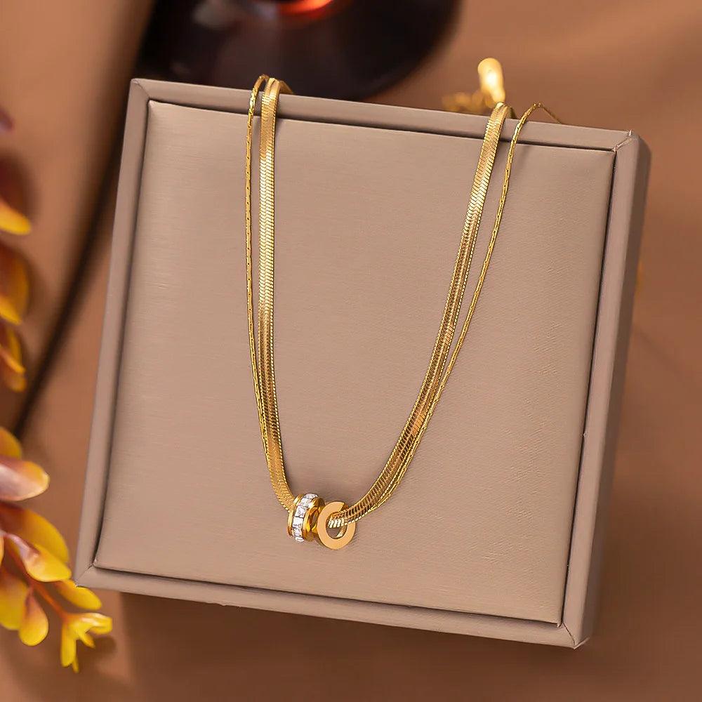 Trendy Stainless Steel Double Layer Necklace for Women Fashion Crystal Bead Pendant Necklaces Clavicle Chain Party Jewelry