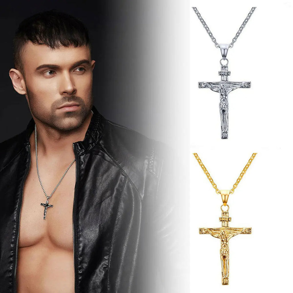 Fashion Crucifix Jesus Christ Men Jewelry Gold Brown Silver Color Metal Cross Pendant With Neck Chain Necklaces For Women