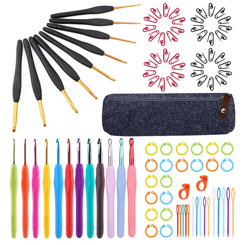 MIUSIE Crochet Hook Set Rubber Handle Knitting Needles Set Home Use Sewing Tool DTY Craft Case Crochet Set Weaving Sewing Tool