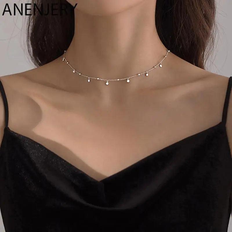 ANENJERY Delicate Jewelry Round Bead Discs Choker Necklace for Women Party Clavicle Chain Necklace Gifts Wholesale S-N695