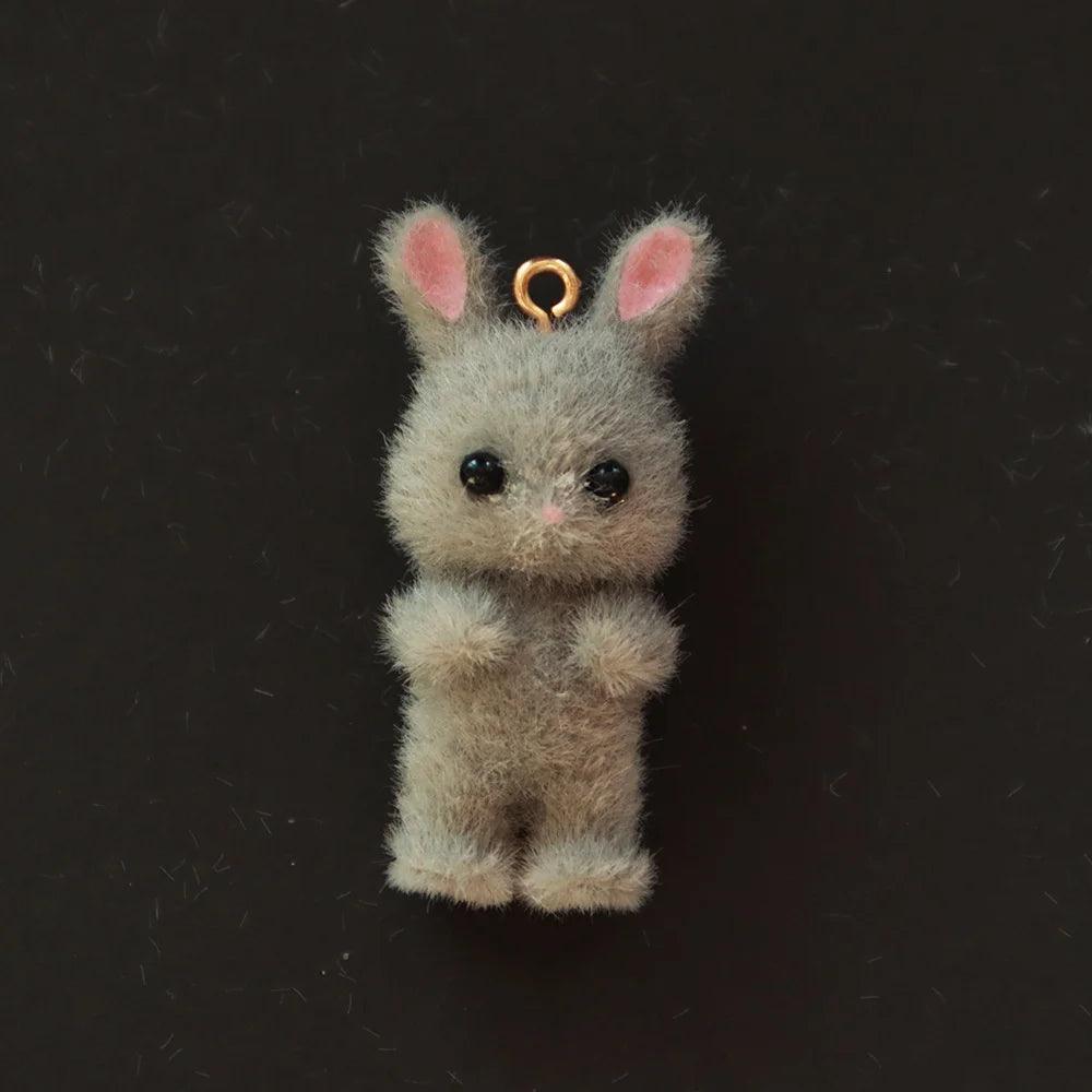 10pcs 3D Fluffy Flocking Animal Pendant Charms Kawaii Plush Cat Rabbit Rat Bear DIY Jewelry Crafts Make Keychain Miniature Doll