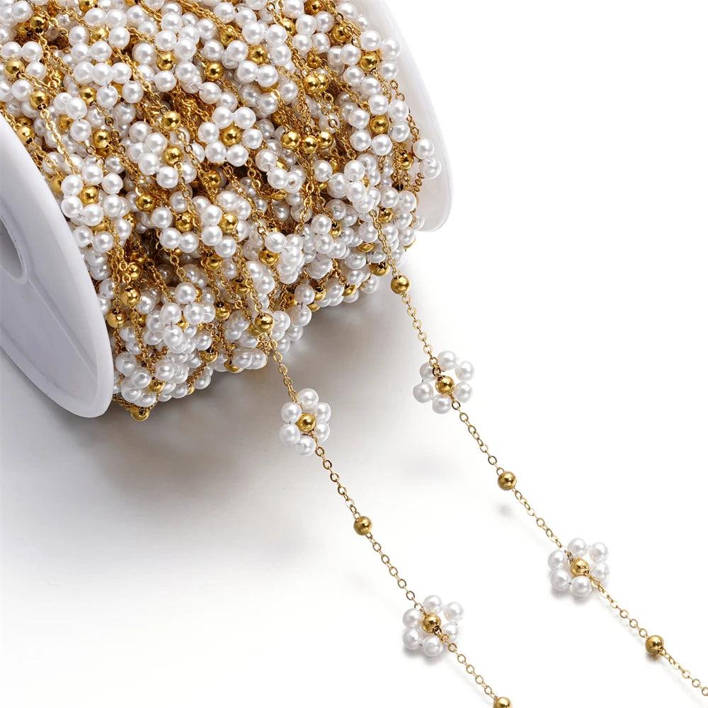 1Meter Stainless Steel Pink Crystal Flower Natural Stone Beads Gold/Steel Color Chains for Necklace Bracelet DIY Jewelry Making