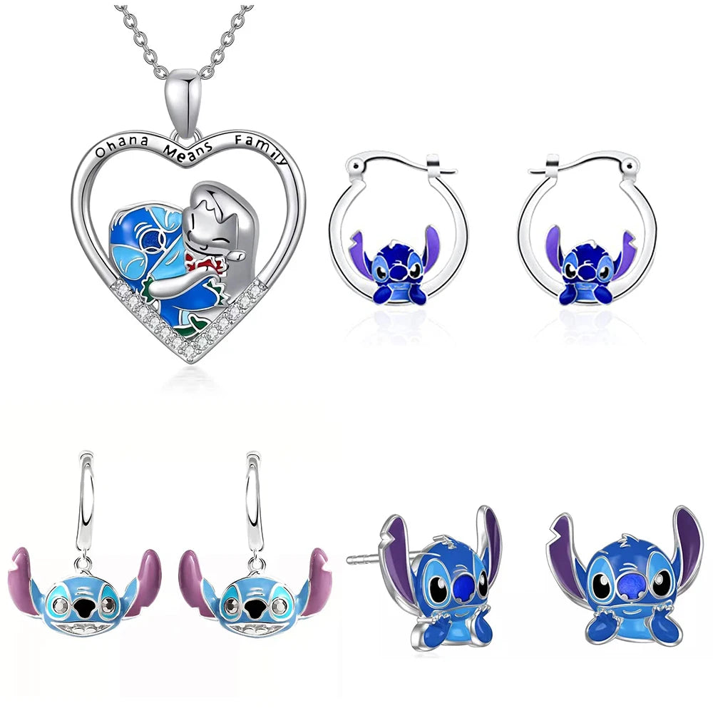 Blue Cartoon Heart Stitch Necklace Earrings Silver Plated Pendant Inspired Gifts Ohana Family Jewelry for Women Girls