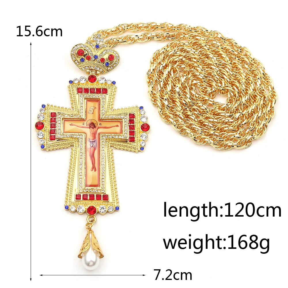 Orthodox Pectoral Cross Collares Crown Religious Icon Byzantine Catholic Crucifix Necklace Confirmation Pendant Long Necklace