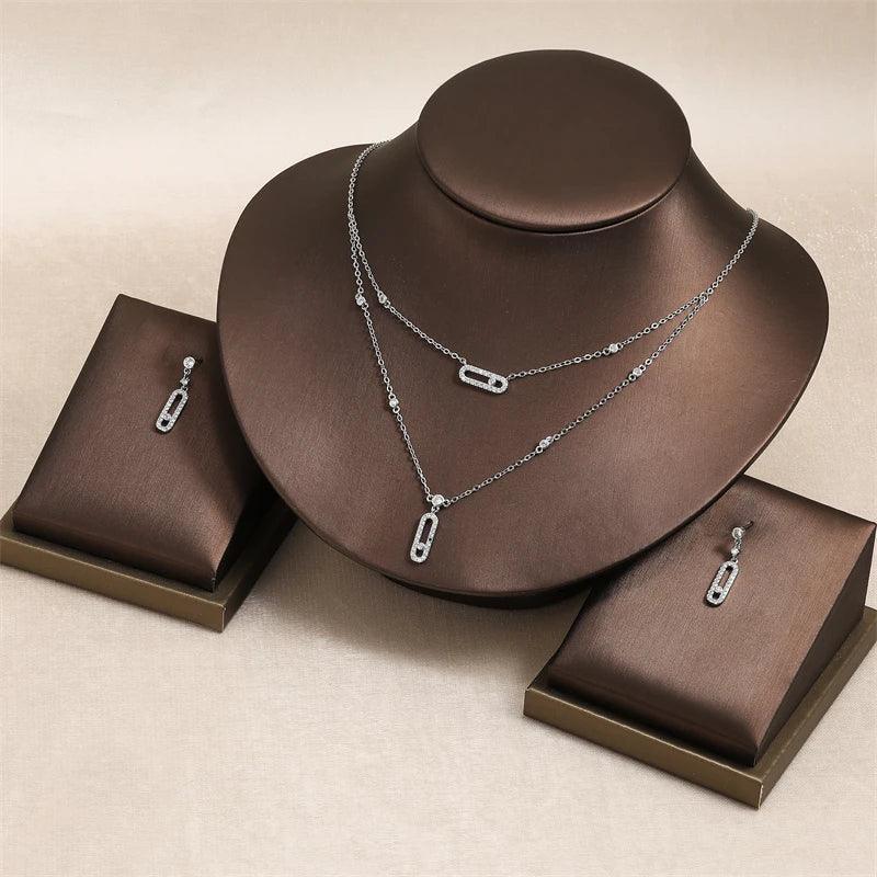 Luxury Silver-color AAA Zircon Choker Two-Layers Necklace Simple Shiny Pendants For Women Fine Jewelry