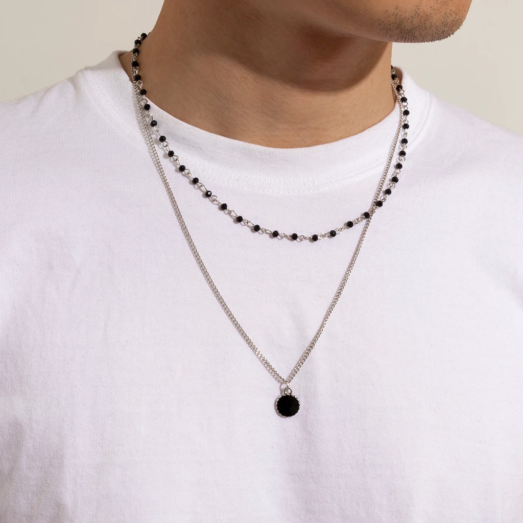 Layered Small Beads Chain with Black Coin Pendant Necklace Men Trendy Separable Choker Necklace 2023 Fashion Jewelry Accessories