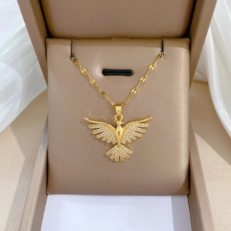 DIEYURO 316L Stainless Steel Phoenix Eagles Pendant Necklace For Women Girl 2023 New Trend Choker Neck Chain Jewelry Gift Party