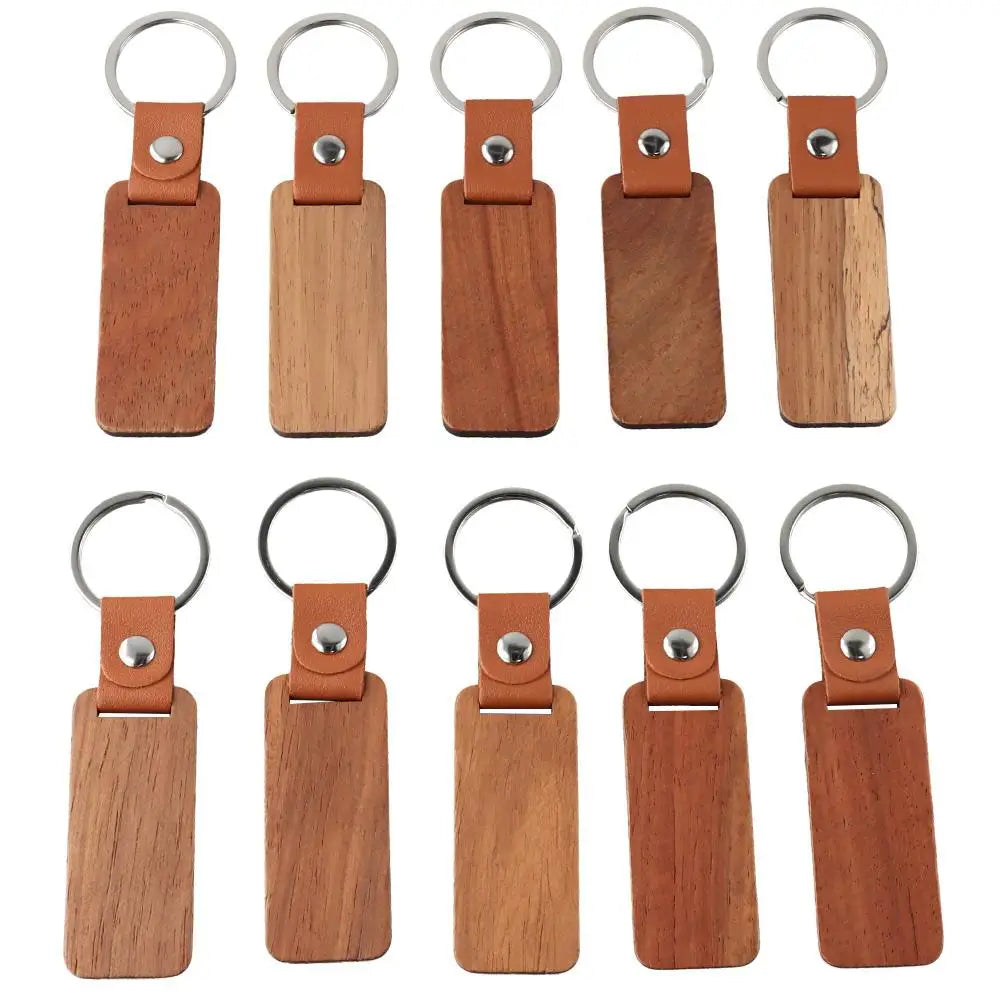 10 Pcs Rectangle Leather Keychain Unfinished Wood Keychain Blanks Wooden Walnut with Keyring for DIY Engraving Gift