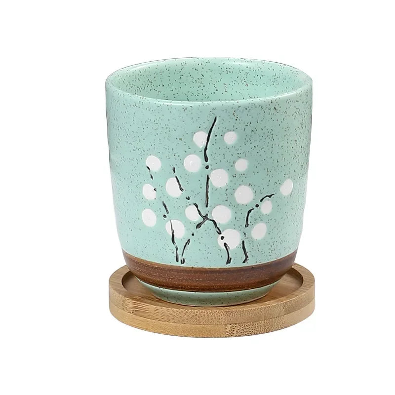 Flower Pot with Bamboo Tray Japanese Style Ceramic Lot Mini Cement Succulent   Bonsai Planter Garden Decor Office Home Plant