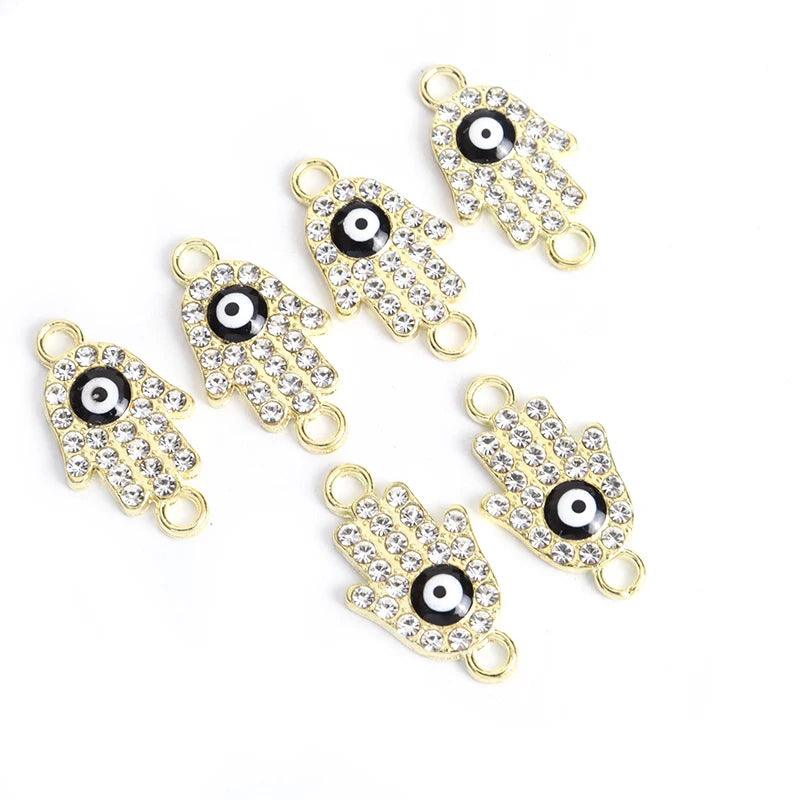 10pcs Rhinestones lnlaid Hamsa Hand Evil Eye Design Enamel Connectors Turkish Style Double Hanging Pendant For DIY Lucky Jewelry
