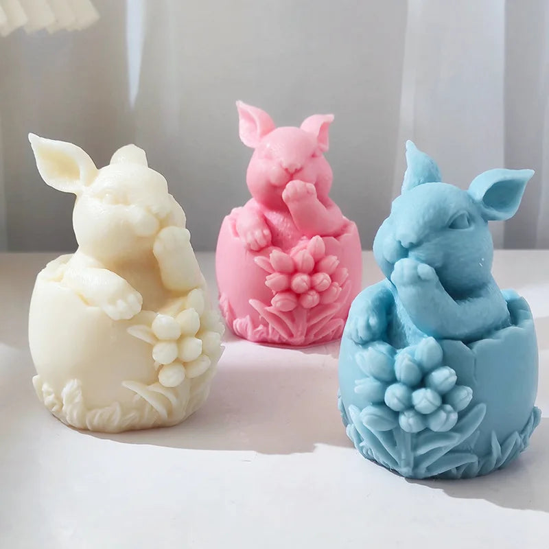 Large Sculpture Flower Rabbit Silicone Candle Mold 3D Eggshell Rabbit Soap Resin Gypsum Production Molds Home Decoration Crafts