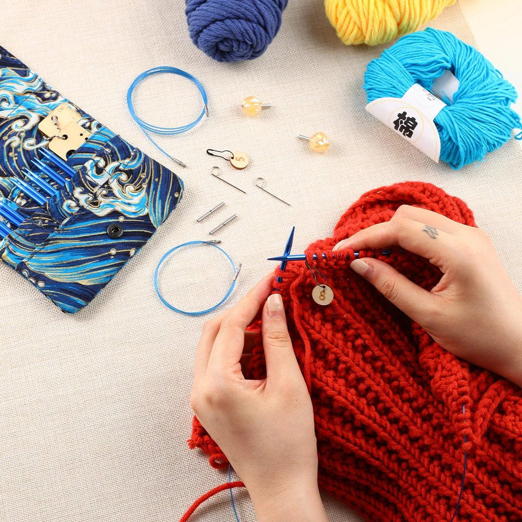 New 18PCS Interchangeable Crochet Needles Set Aluminum Circle Knitting Needles Blue Color Bag with Sewing Tool Accessory Gift