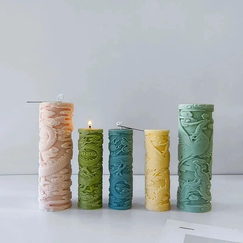 Dragon Phoenix Embossment Cylinder Candle Silicone Candle Mold Anaglyph Plaster Mould Candle Making Supplies - Winord