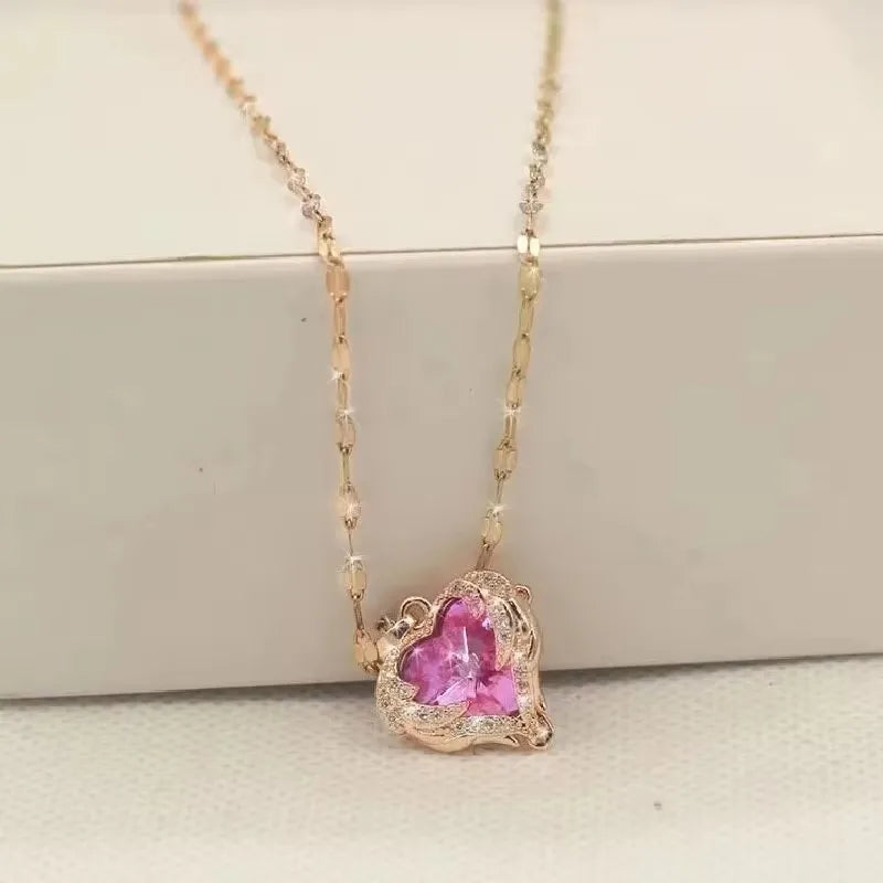 1 Pc Romantic Blue Ocean Heart Zircon Pendant Necklace for Woman Pink Love Heart Stainless Steel Chain Choker