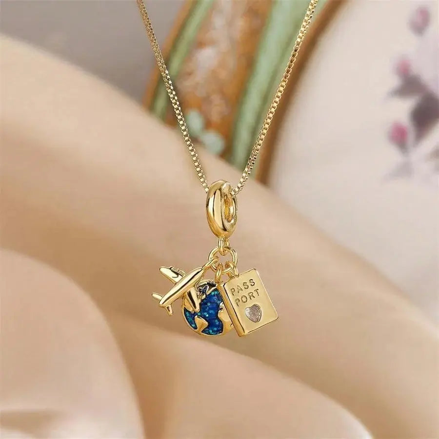 Gold Color Box Chain Air Plant Passport Pendant Necklace Blue Epoxy Gliter Charm Women Necklace Ins Fashion Jewelry