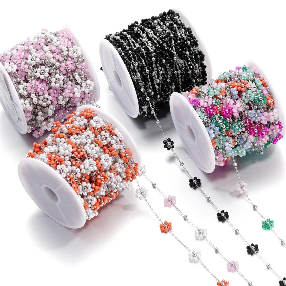 1Meter Stainless Steel Pink Crystal Flower Natural Stone Beads Gold/Steel Color Chains for Necklace Bracelet DIY Jewelry Making