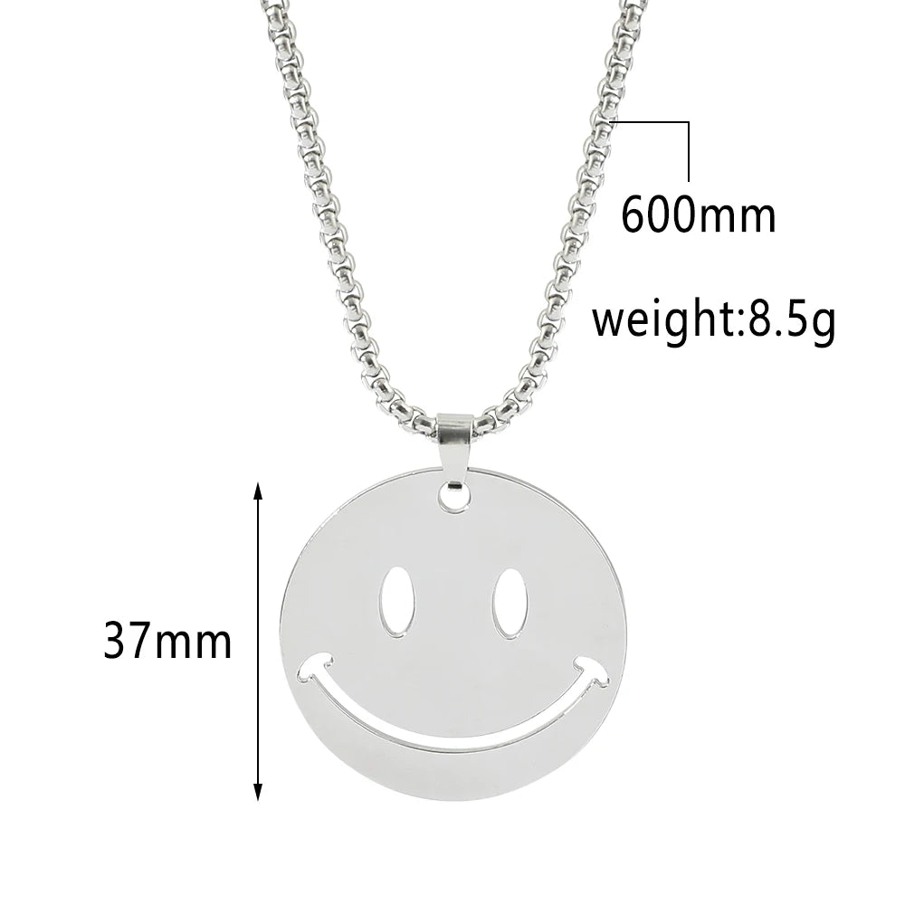 Titanium Steel Round Smiley Face Pendant Necklace Korean Style Long Sweater Chain Unisex Trendy Hip Hop Jewelry Accessories