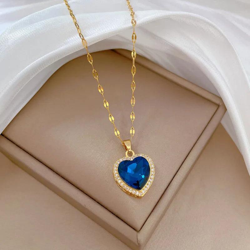 DIEYURO 316L Stainless Steel Heart Big Blue Zircon Pendant Necklace For Women Girl Fashion Clavicle Chain Jewelry Birthday Gift