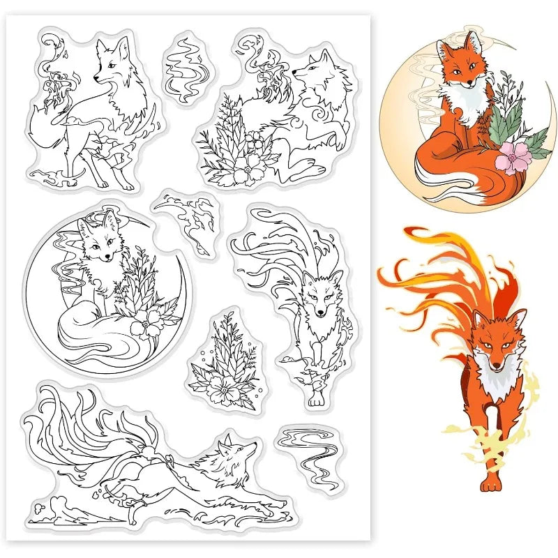 1pc Elegant Fire Fox Clear Stamps Mysterious Eastern Theme Transparent Stamps Animal Background Silicone Clear Stamp Seals